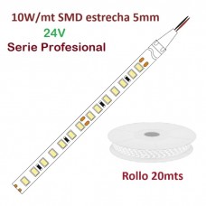 Tira LED Flexible 24V 10W/mt estrecha 5mm 168 Led/mt SMD 2835 IP20 Serie Profesional, Rollo 20mts.